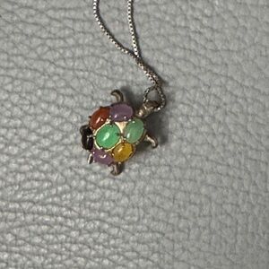 CABOCHON STERLING SILVER TURTLE PENDANT BOX CHAIN NECKLACE 17”